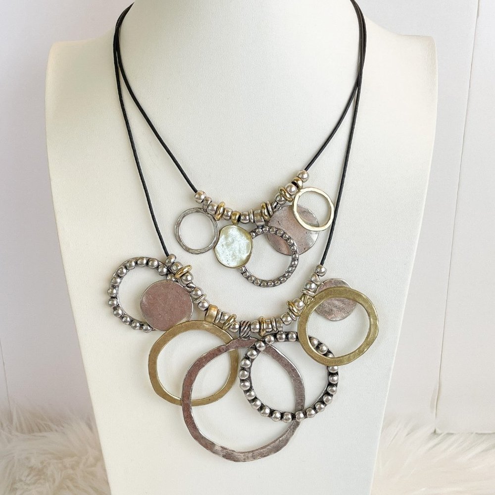 Chico’s Statement Necklace Big Boho Bib Silver Gold Tone Multi Strand Bohemian